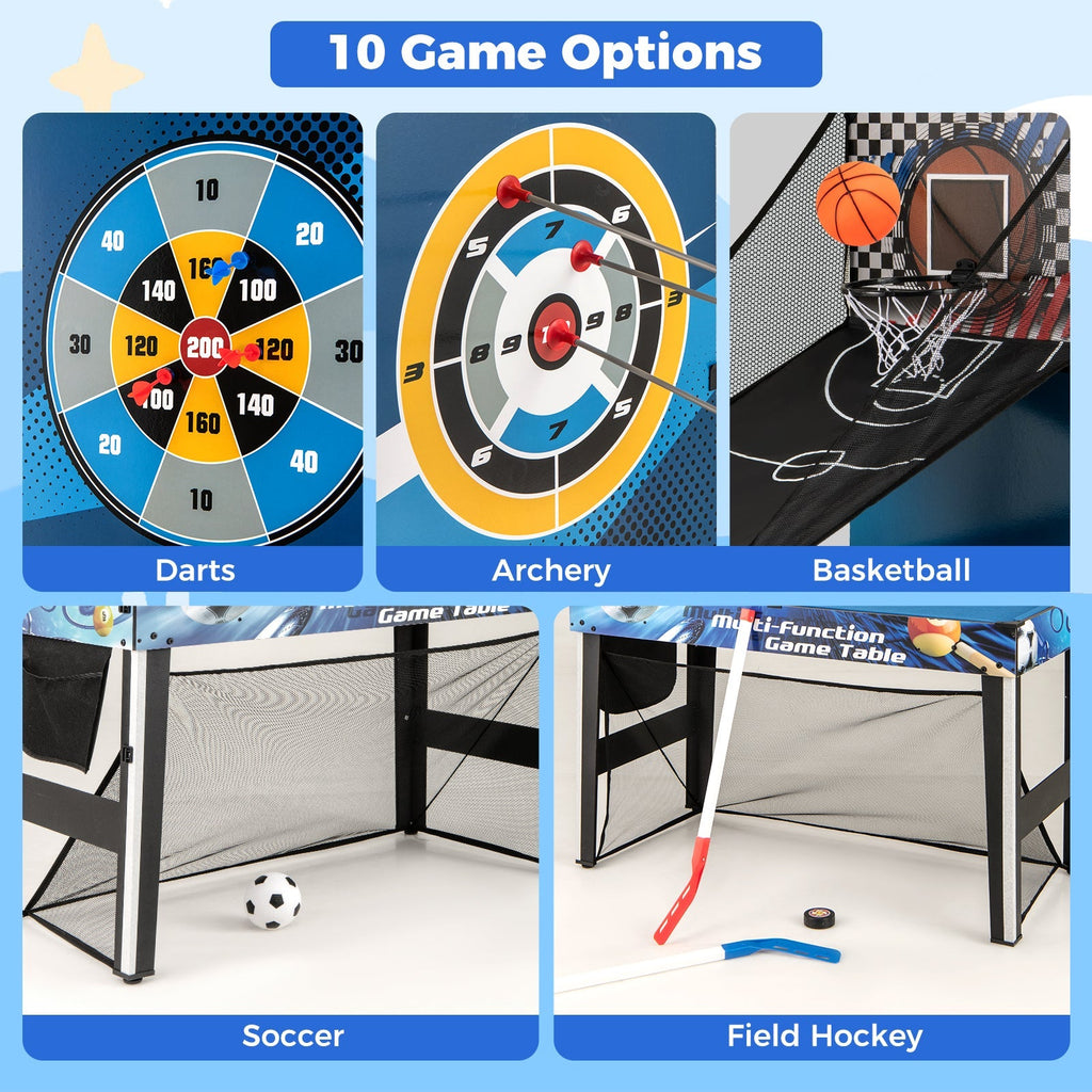 10-in-1 Combo Game Table Set with Table Tennis Basketball Soccer-Blue