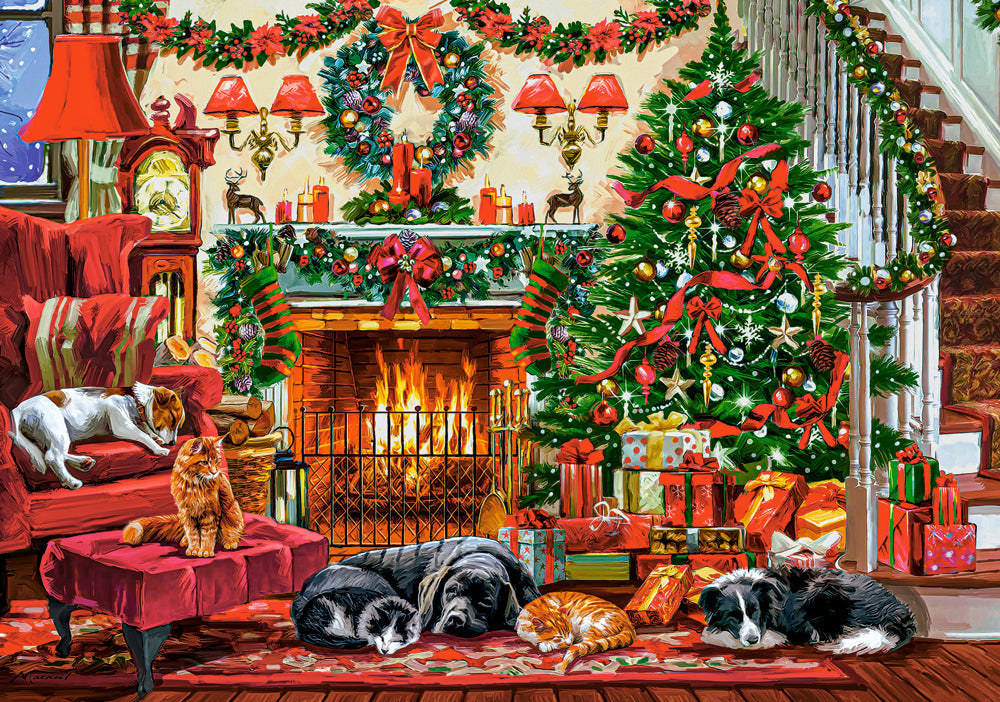 500 Piece Jigsaw Puzzle, Cozy Fireplace, Christmas living room, Decorated tree, Fireplace and sleeping dogs, Festive holiday art., Adult Puzzle, Castorland B-54060