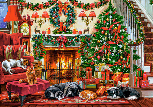 500 Piece Jigsaw Puzzle, Cozy Fireplace, Christmas living room, Decorated tree, Fireplace and sleeping dogs, Festive holiday art., Adult Puzzle, Castorland B-54060