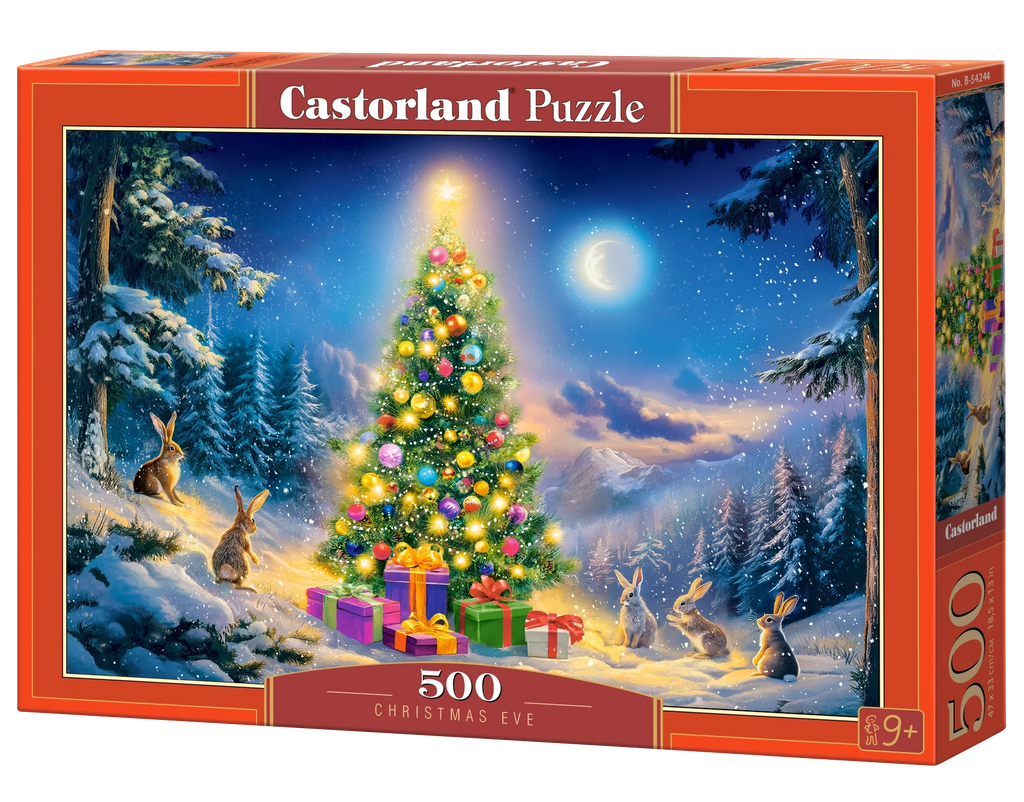 500 Piece Jigsaw Puzzle, Christmas Eve, Glowing Christmas Tree & Bunnies in Snow, Cozy Holiday Vibes, Adult Puzzle, Castorland B-54244