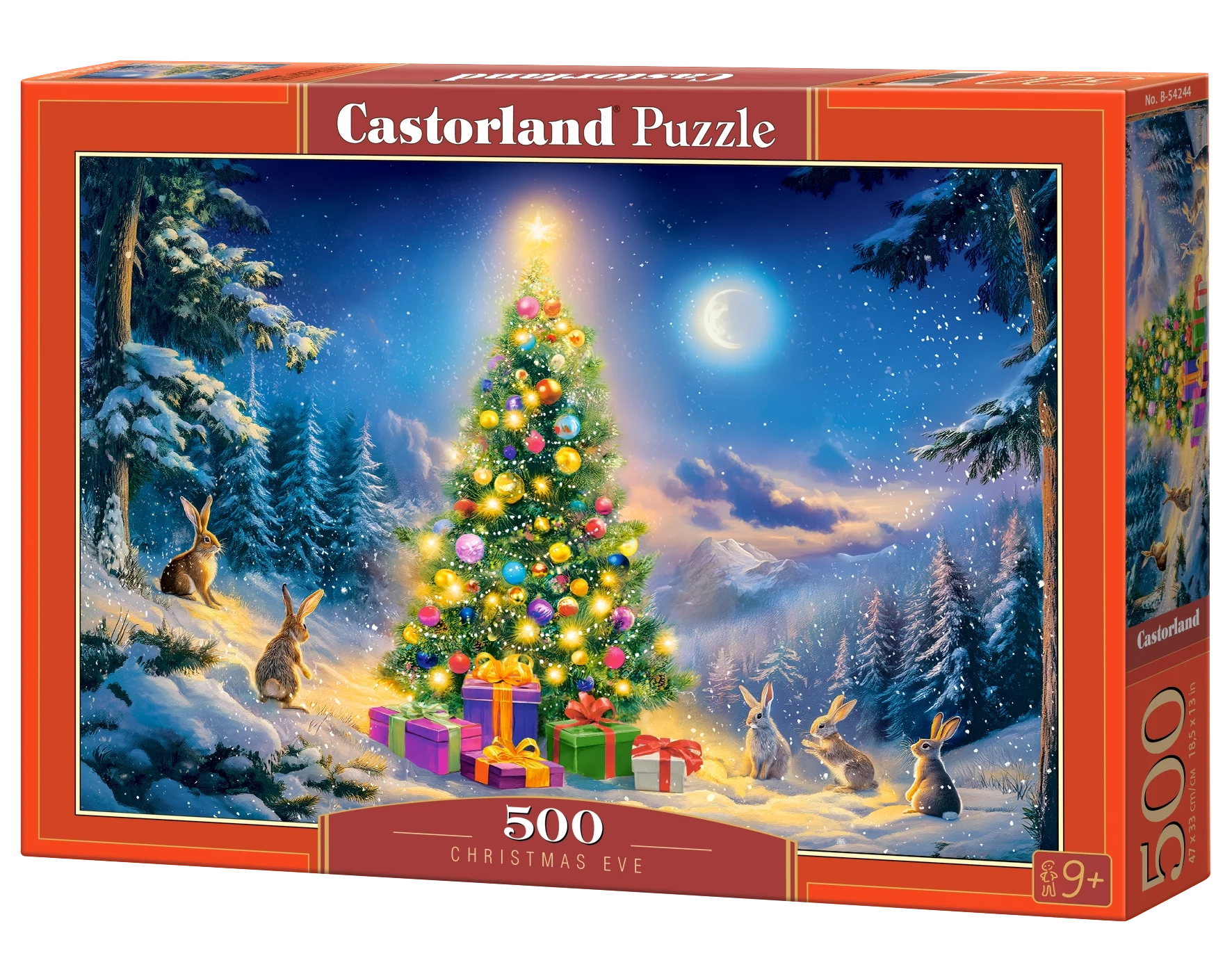 500 Piece Jigsaw Puzzle, Christmas Eve, Glowing Christmas Tree & Bunnies in Snow, Cozy Holiday Vibes, Adult Puzzle, Castorland B-54244