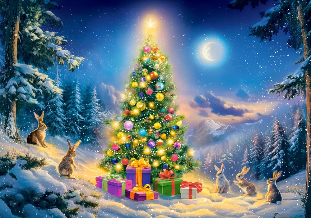 500 Piece Jigsaw Puzzle, Christmas Eve, Glowing Christmas Tree & Bunnies in Snow, Cozy Holiday Vibes, Adult Puzzle, Castorland B-54244