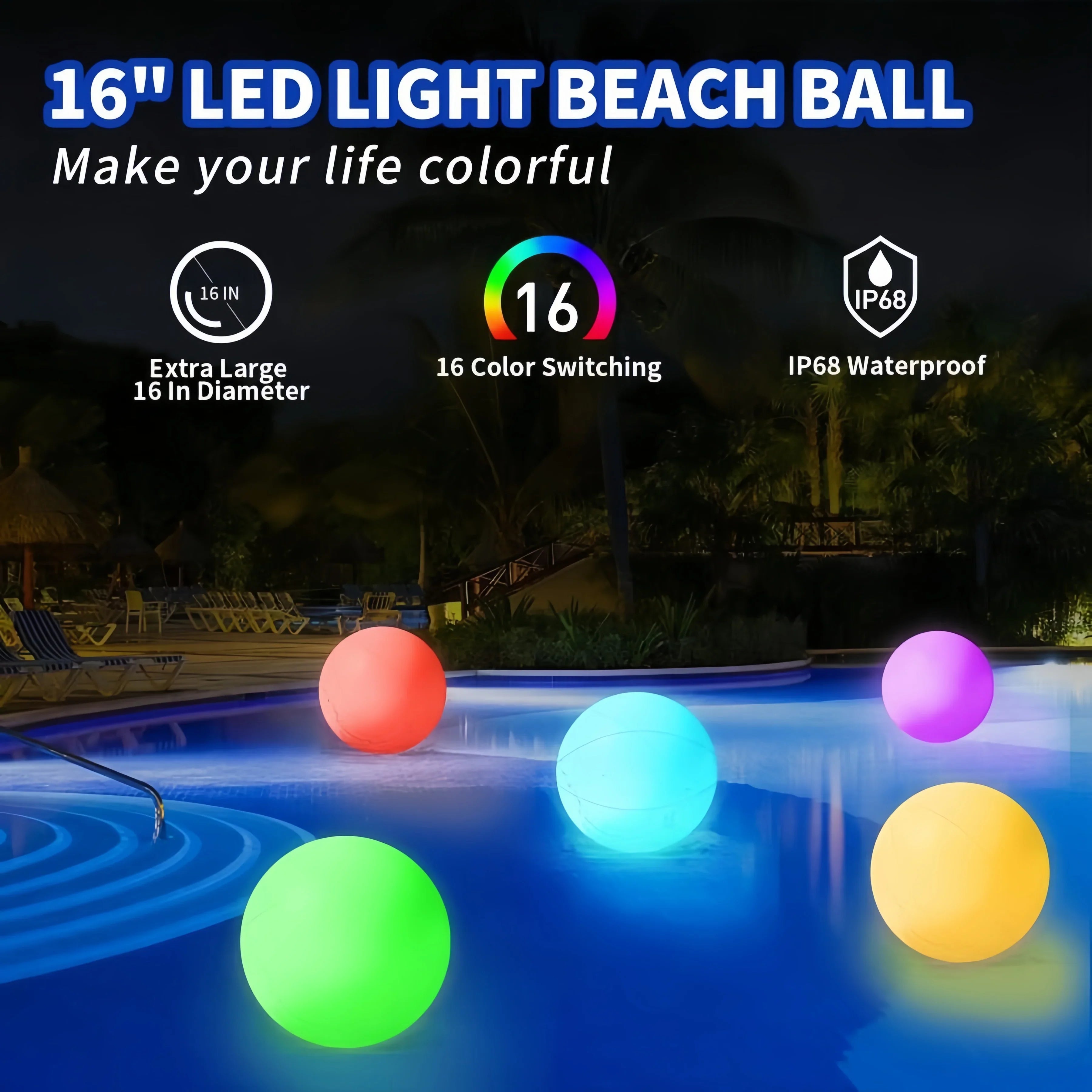 Pool Infaltable Ball - 1 Pack Light Up Beach Balls 8 Light Modes, Pool Beach Games Balls for Outdoor or Indoor Activities